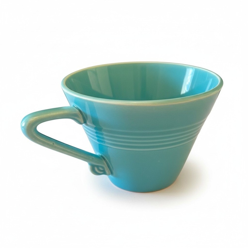 Fiesta Turquoise Ceramic Tea Cup Art Deco Concentric Rings Ring Handle Mug